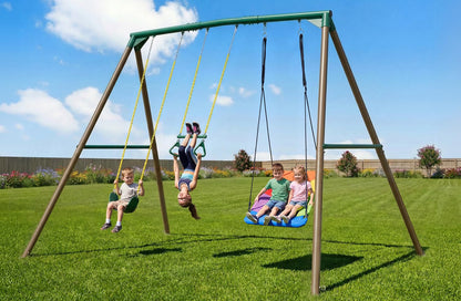 Hapfan 9.5' Tall Swing Sets for Backyard with Platform Swing, Heavy Duty Metal Swingset Outdoor for Kids with Trapeze Bar (Green and Brown)