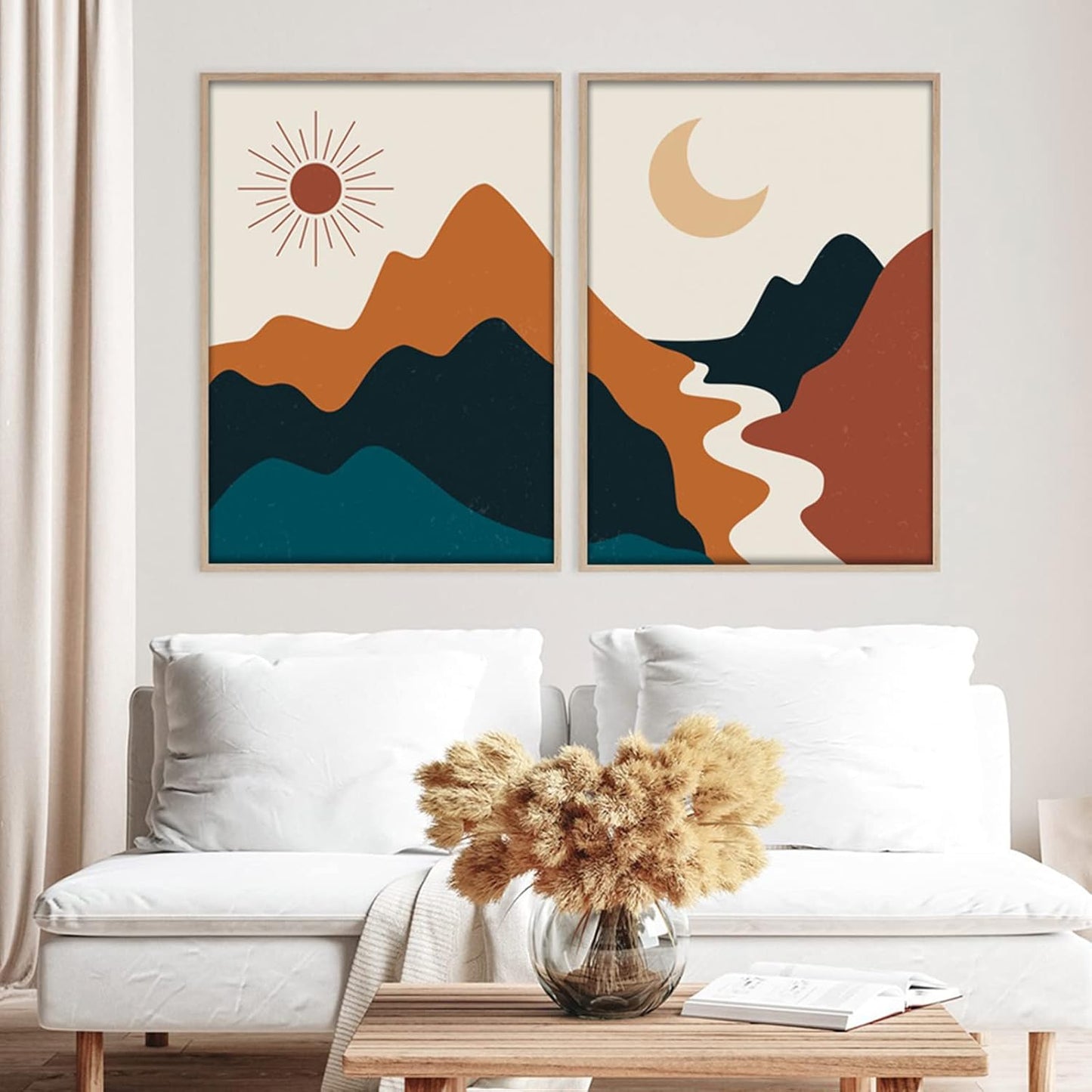 Bankrenart Boho Wall Art, Mid Century Abstract Sun and Moon River Landscape, Unframed Canvas Print for Living Room