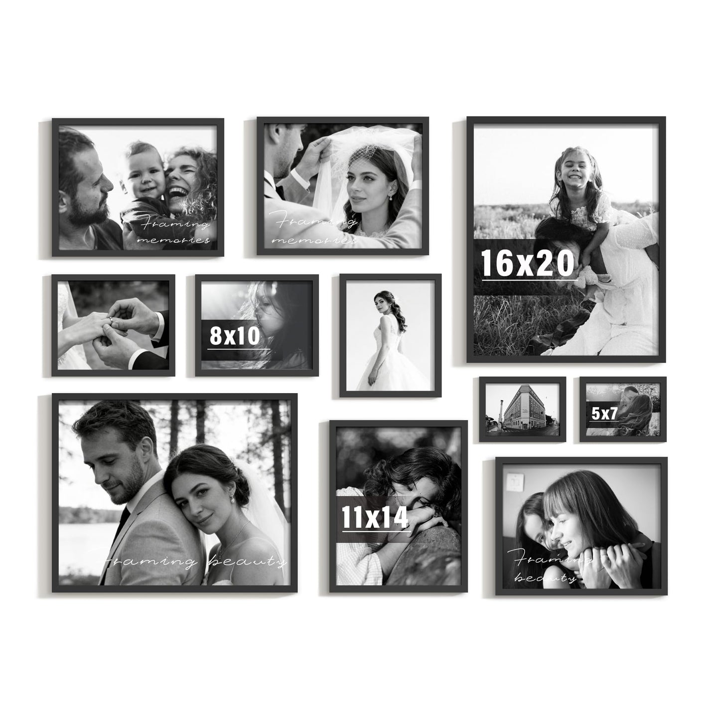 DUENPY 11 Pack Picture Frames Collage Wall Decor Set, Multi-Size Photo Frames for Wall Mounting, Gallery Wall Picture Frames Kit with 2pcs 16x20, 4pcs 11x14, 3pcs 8x10, 2pcs 5x7, Black Frame Sets