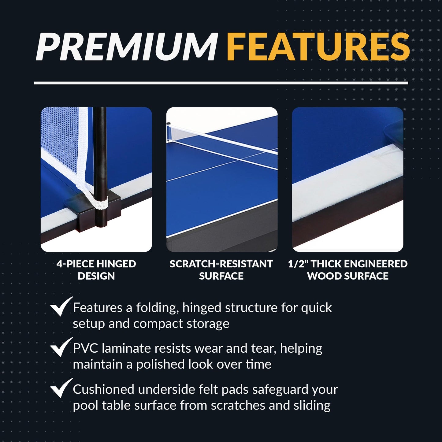 Hathaway 9 ft Quick Set Table Tennis Conversion Top – Regulation Sized, Foldable, Durable Engineered Surface, Protection Pads – Indoor Ping Pong Table Topper for Pool Table w/Net & Posts – Blue