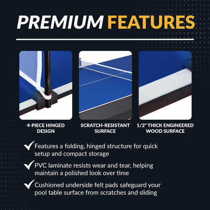 Hathaway 9 ft Quick Set Table Tennis Conversion Top – Regulation Sized, Foldable, Durable Engineered Surface, Protection Pads – Indoor Ping Pong Table Topper for Pool Table w/Net & Posts – Blue