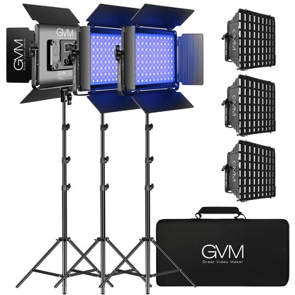 GVM RGB LED Video Light, Photography Lighting with APP Control, 1000D Video Lighting Kit for YouTube Studio, 3 Packs Led Panel Light, 3200K-5600K, 8 Kinds of The Scene Lights, CRI 97