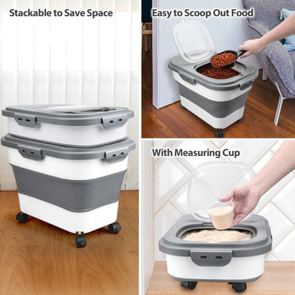 Viretec Dog Food Storage Container, 10-20Lbs Collapsible Pet Food Storage Containers with Rolling Wheel Airtight Locking Lid, Dry Food Storage Bin with Cup and Scoop,Suitable for Pet Food, Rice, Flour