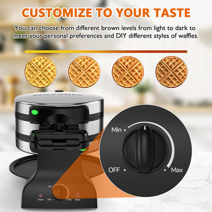 Waffle Maker, 1400W Belgian Waffle Maker, Double Waffle Iron 180° Flip, Rotating Nonstick Plates, Adjustable Browning Control, Locking Buckle & Cool Touch Handle, Removable Drip Tray, Stainless Steel