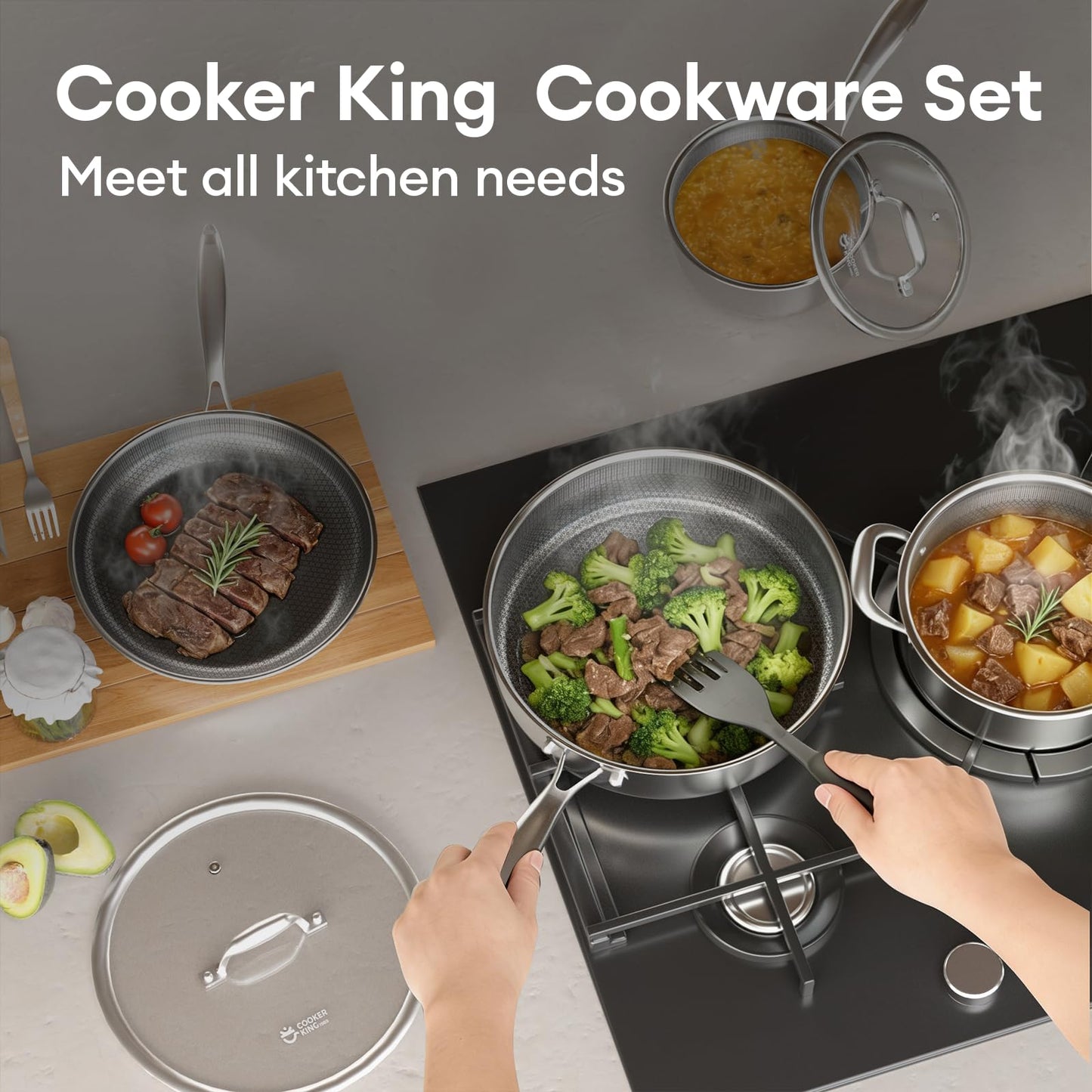 COOKER KING Stainless Steel Cookware Set, Pots and Pans Set Non Stick, Frying Pans, Saucepan, Saute Pan & Stock Pot, Non Toxic, Induction, Oven, Dishwasher Safe, PFOA Free