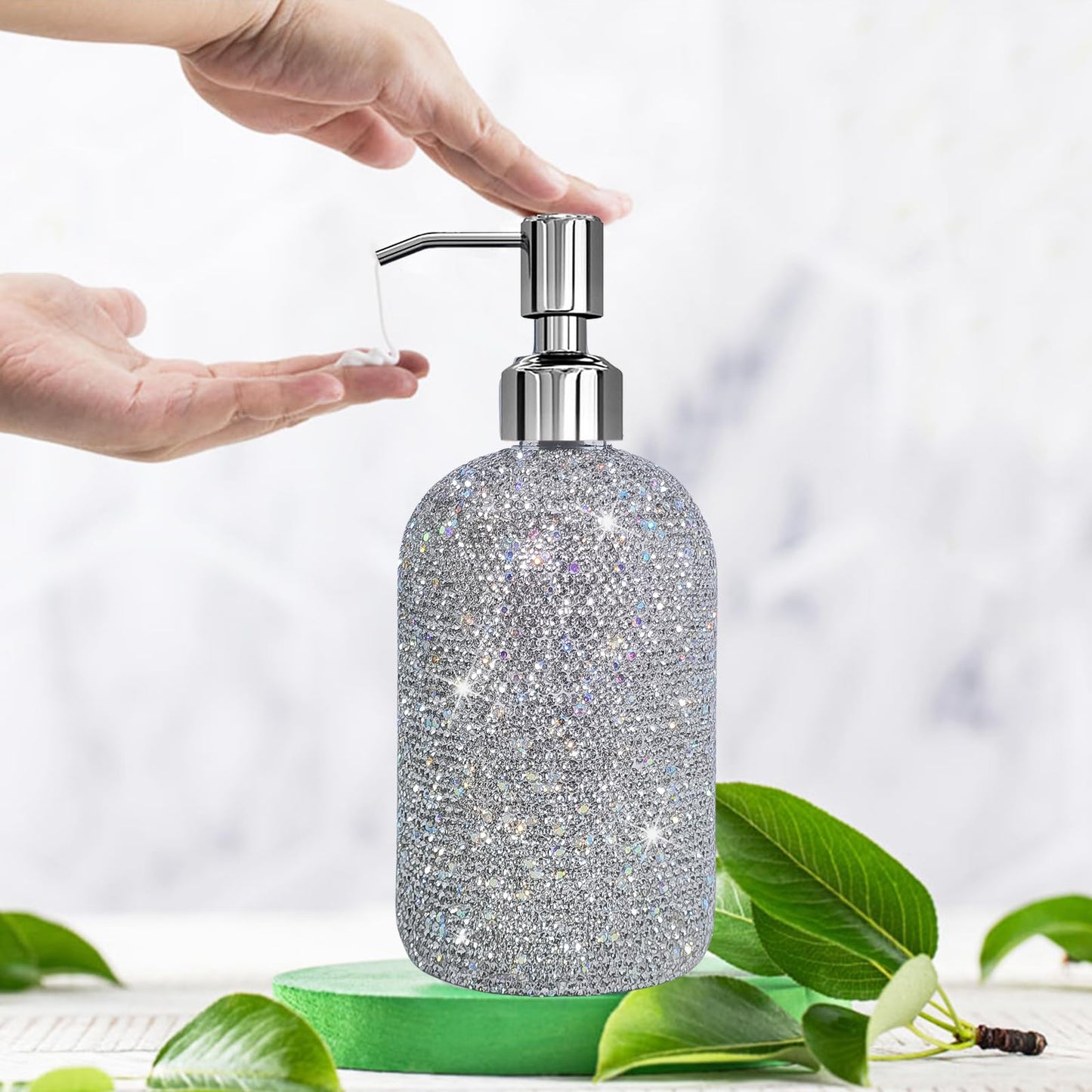 SlowVibes 18Oz Bling Glass Soap Dispenser with Rust Proof Stainless Steel Pump,Refillable Liquid Hand Wash Bottle for Bathroom Kitchen,Sparkle Decorative Shower Dispenser,Rhinestone Lotion Dispenser