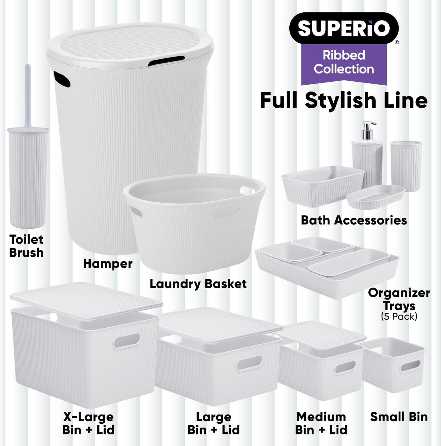 Set, (1 Pack) Superio Ribbed Collection - Decorative Plastic Toilet Bowl Brush and Holder White Smoke Cleaner Scrubber