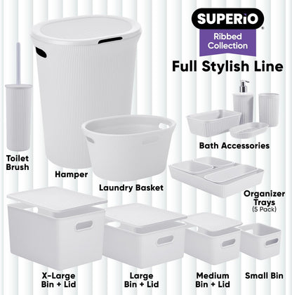 Set, (1 Pack) Superio Ribbed Collection - Decorative Plastic Toilet Bowl Brush and Holder White Smoke Cleaner Scrubber