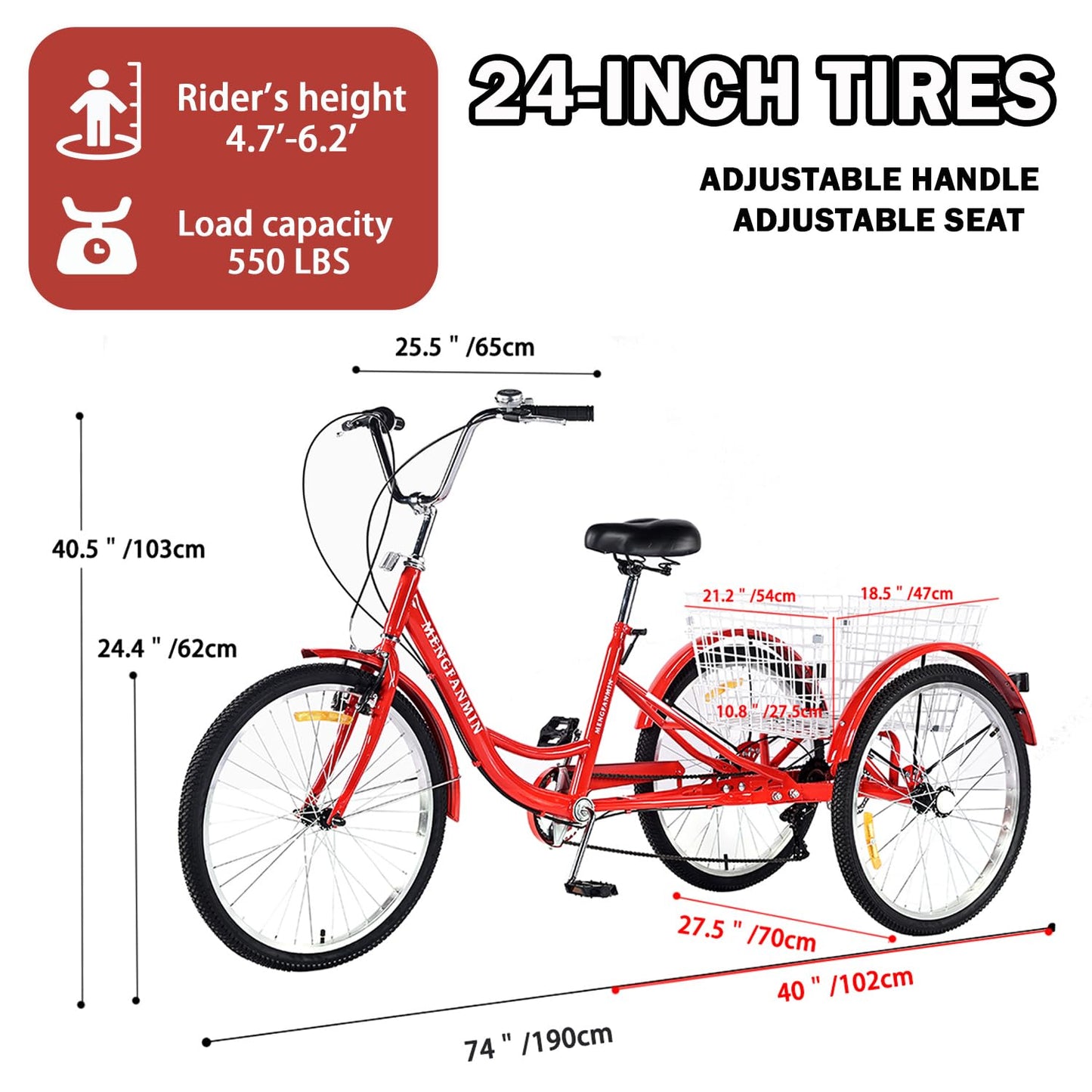 Adult Tricycle 7 Speed, 24 Inch 3 Wheel Trike Load 550lb,with Rear Basket,for Women，Seniors Picnic Exercise Shopping (RED)