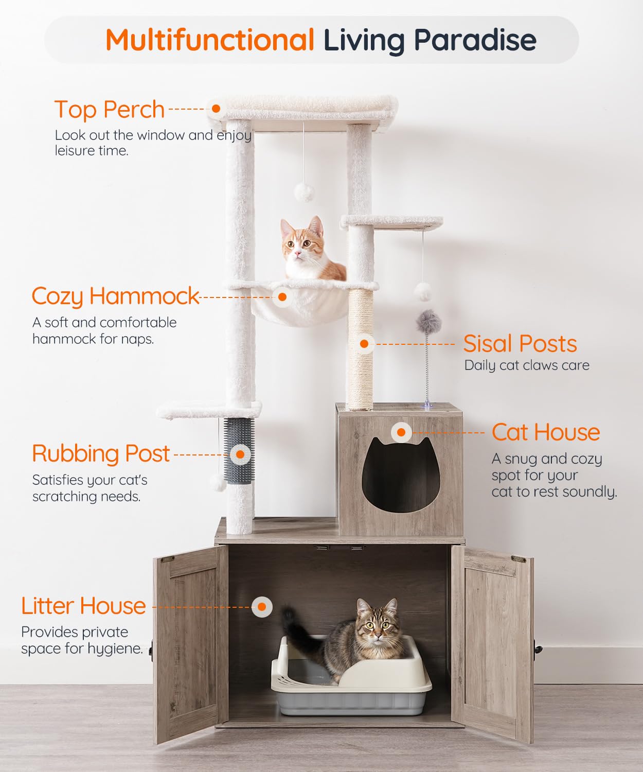 HOOBRO Cat Tree with Litter Box Enclosure Indoor, Wooden Cat Tower with Scratching Posts, Litter Box Furniture Hidden, All-in-One Cat House, Greige BG15MZ03-BG51MZ03
