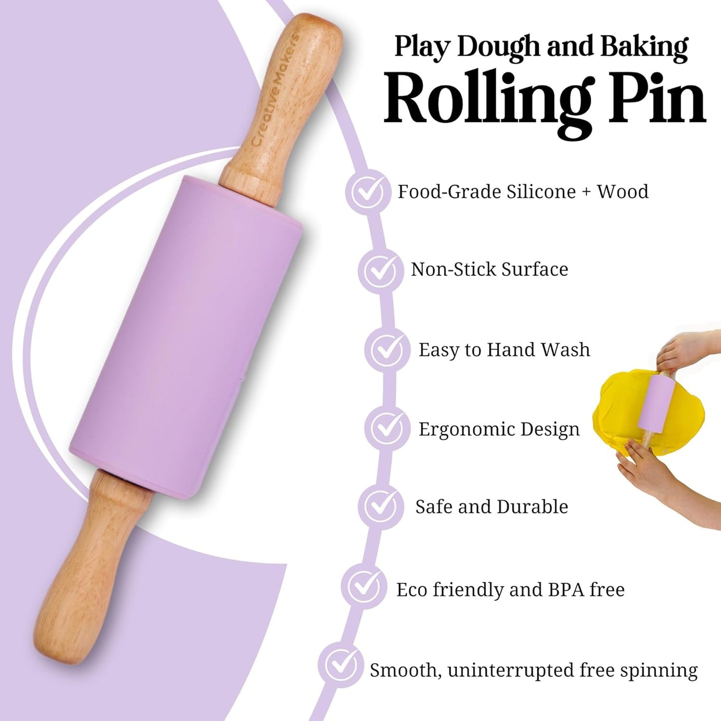 Small Rolling Pin for Kids, Non-Stick Silicone Surface with Wooden Handles for Play Dough and Baking Rolling Pin (Light