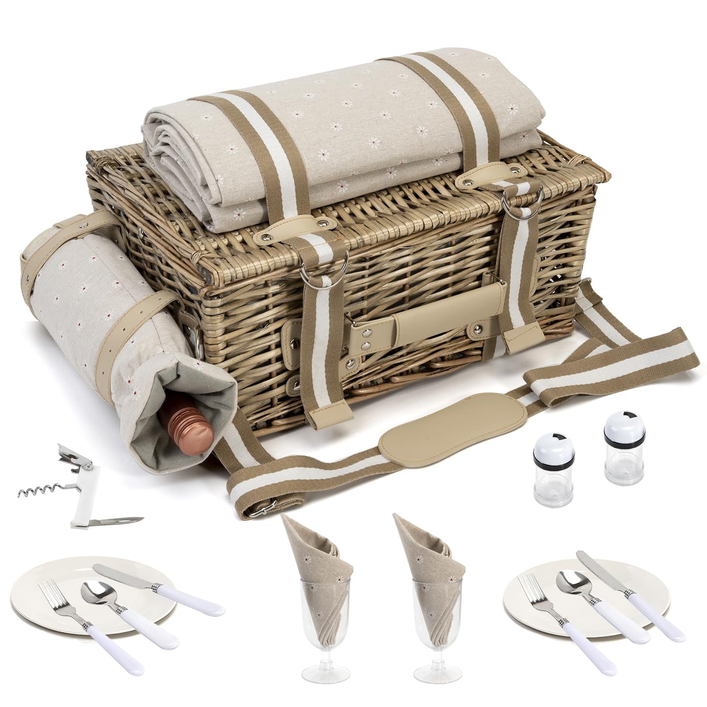 19Pcs Picnic Basket for 2 with Insulated Liner and Waterproof Picnic Blanket Wine Pouch, Large Wicker Picnic Hamper for Camping,Outdoor,Valentine Christmas for Couples