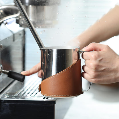 CUFEJORO Milk Frothing Pitcher 450ml/16oz 304 Stainless Steel Espresso Steaming Pitcher with PU Leather, Milk Frothing Jug,milk frother cup,Milk Jug Cup,Premium Barista Tools,Latte Art (Bright,16oz)