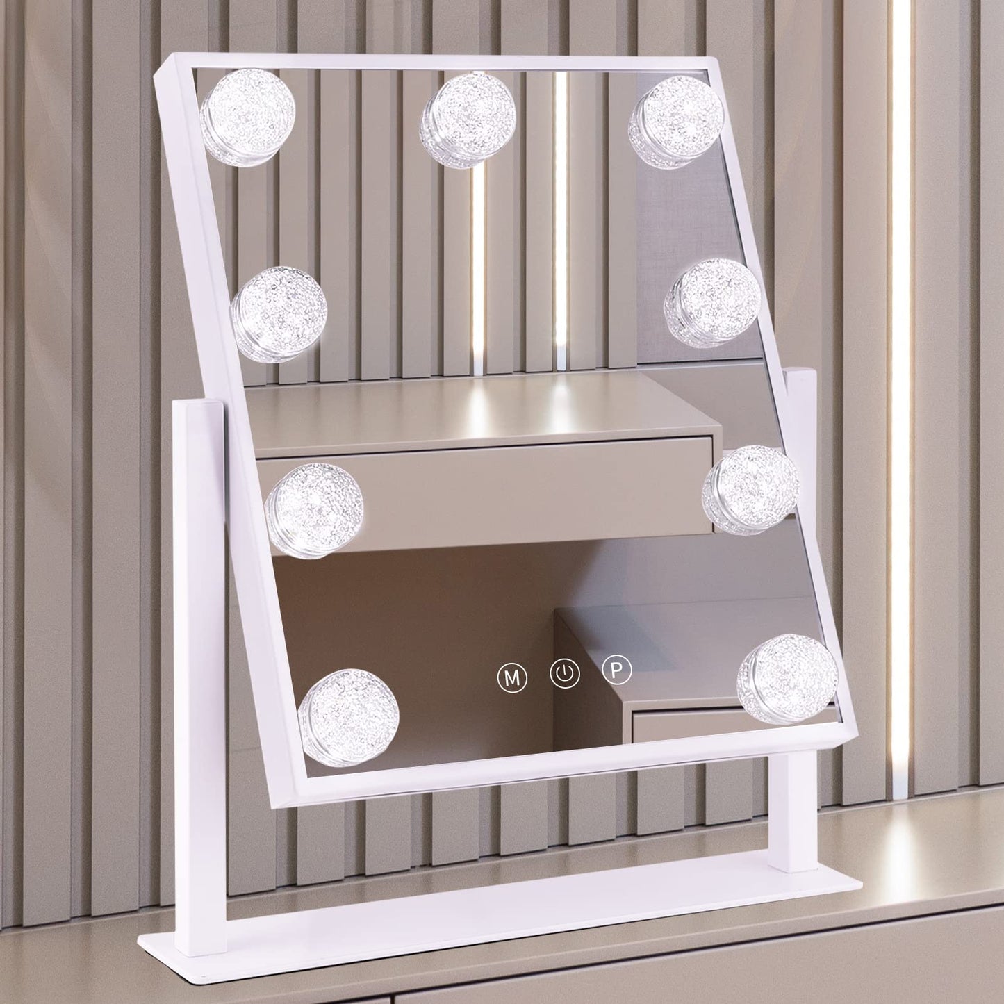 Lighted Makeup Mirror Hollywood Mirror Vanity Mirror with Lights, Touch Control Design 3 Colors Dimable LED Bulbs, Detachable 10X Magnification, 360°Rotation, (White) 12" L x 14" W