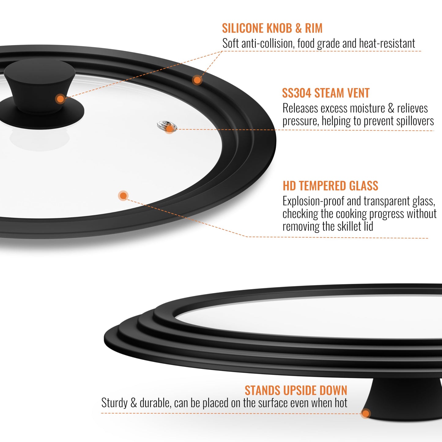 CnSneg Universal Lids for Pots, Pans and Skillets, 10.5", 11" and 12" Pan Lid, Tempered Glass Pot Lid with Silicone Rim Heat Resistant, Replacement Pan Cover for Frying, Wok, Crock Pot Lid, Black