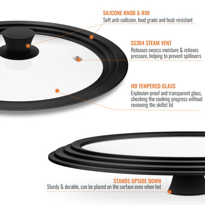 CnSneg Universal Lids for Pots, Pans and Skillets, 10.5", 11" and 12" Pan Lid, Tempered Glass Pot Lid with Silicone Rim Heat Resistant, Replacement Pan Cover for Frying, Wok, Crock Pot Lid, Black