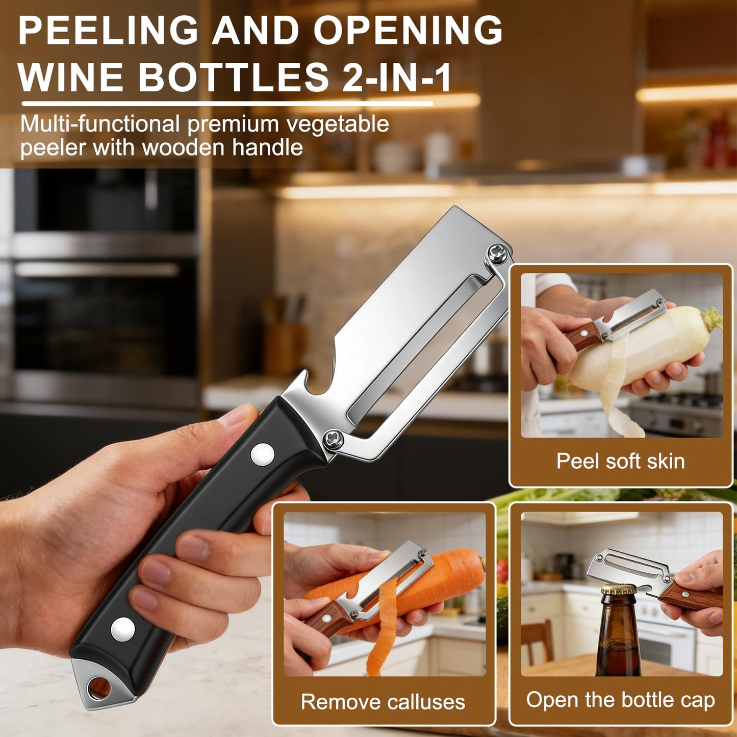 2026 Upgrade Premium Vegetable Peeler with Wooden Handle and Bottle Opener, Multifunctional 3-in-1 Stainless Steel Kitchen Tool for Fruit Apple Potato Pumpkin Papaya (Wood Grain + Black Pattern)