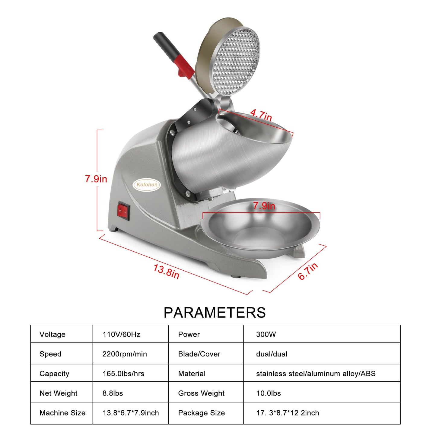 KOFOHON Electric Ice Shaver, Shaved Ice Machine, Especially for Home Use Ice Crusher, Dual Stainless Steel Shaving Blades, Double Covers,176lbs per hour,300W/1440rpm,Upgraded Version.