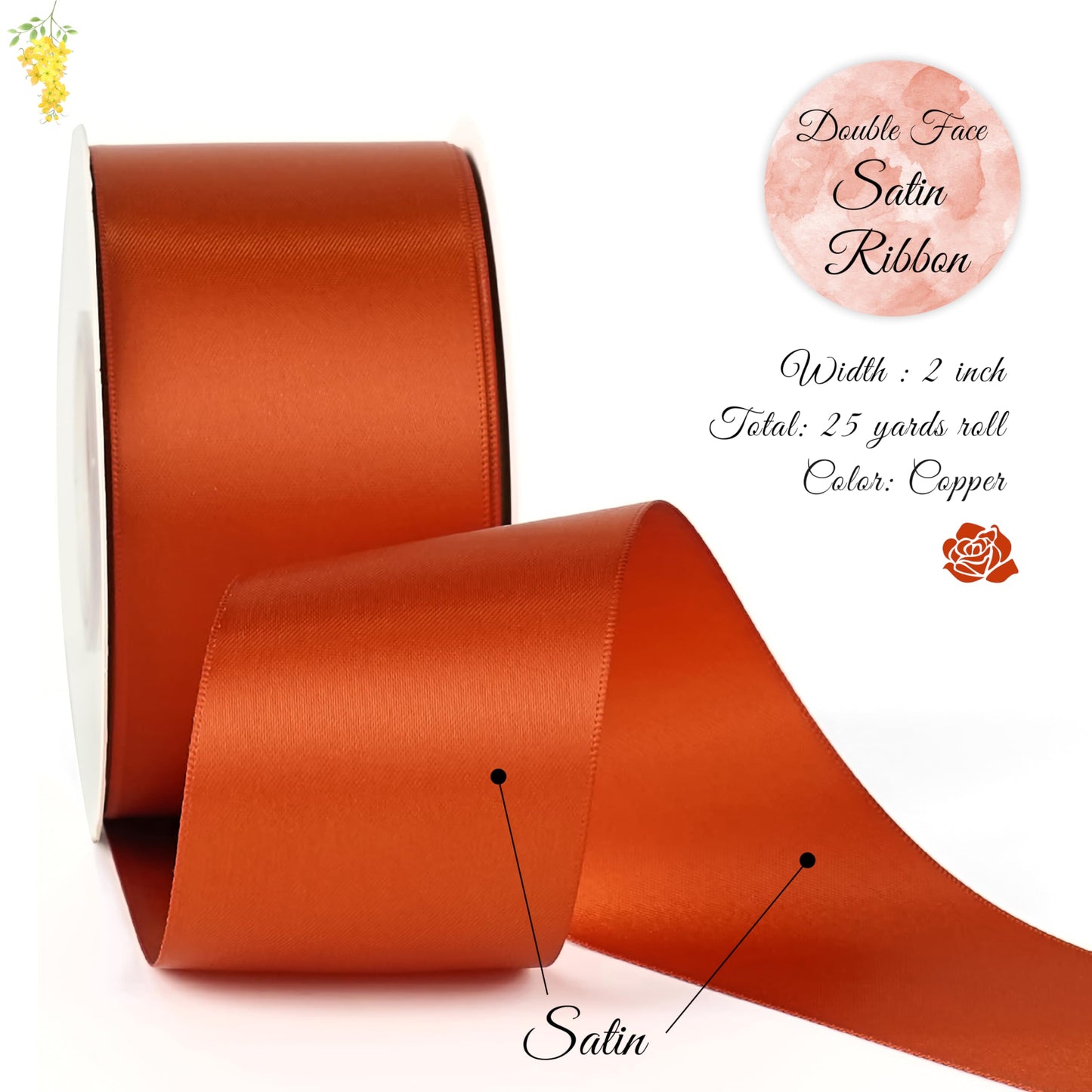 DINDOSAL Terracotta Ribbon 2 Inch x 25 Yards, Thick Burnt Orange Double Face Satin Ribbon for Fall Decor, Thanksgiving, Christmas Tree, Gift Wrapping, Wedding, Bouquet Wrap, Hair Bows
