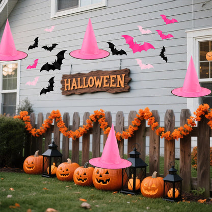 Cmaone 12 Pcs Pink Witch Hat with 109 Yards Hanging Rope 24 Pcs 3D Bat Stickers Black Pink Scary Halloween Hanging Decoration for Witch and Princess Theme Party