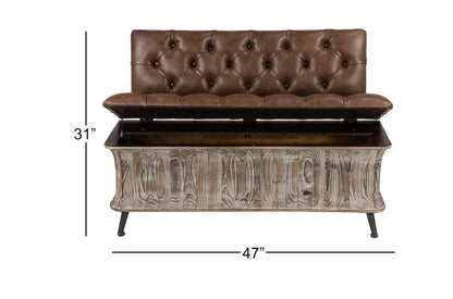 Deco 79 Wood Room Storage Bench Entryway Bench with Tufted Faux Leather Seat and Back, Bench 47" x 20" x 32", Brown