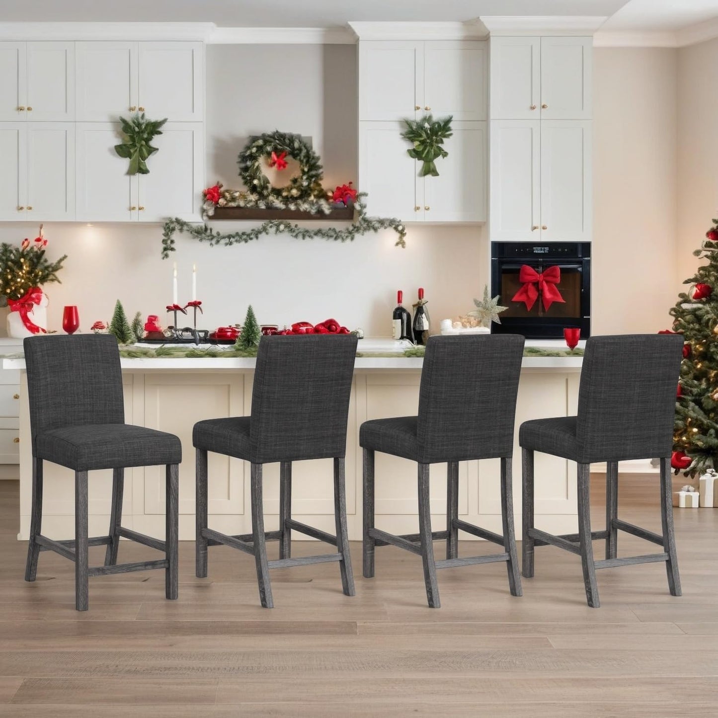 ERGOMASTER Counter Height Bar Stools Set of 4, 24.5'' Fabric Upholstered Barstools Mid Century Modern Island Bar Chairs with Back for Kitchen, Dining Room, Bar, Restaurant, Charcoal Grey