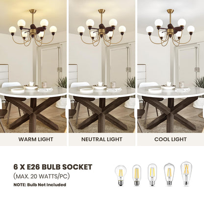 CROSSIO Luxury Mid Century Gold Fandelier 36" Large Ceiling Fans with Lights and Remote Control 6 Speeds 6 Lights Vintage Globe Chandelier Fan for Living Room Dining Room