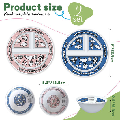 Viynran 4 Pcs Portion Control Plates & Bowls Set (2 Plates + 2 Bowls, 9 Inch) - Self-Measuring for Weight Loss, Gastric Bypass, LapBand, Diabetes & Healthy Diets, Pink & Blue, for Adults & Children