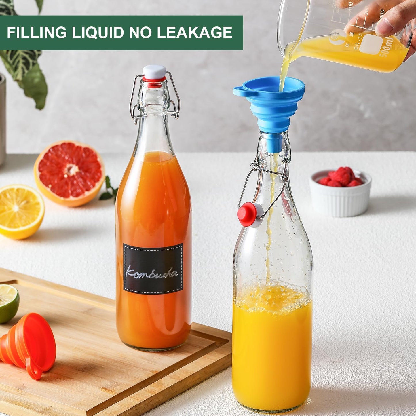 8 Pack [1 L / 33 fl. oz.] Swing Top Glass Bottles w/ Airtight Stopper Lids – Flip Top Brewing Bottle for Fermentation, Kombucha, Mead, Vinegar, Beer, Kefir, Wine, Soda – With 8 Extra Seals & 2 Pourer