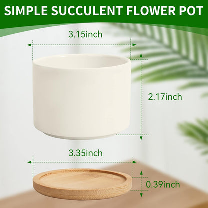 ZOUTOG White Mini Succulent Planter, 3.15 inch Ceramic Pot with Bamboo Tray, Pack of 4