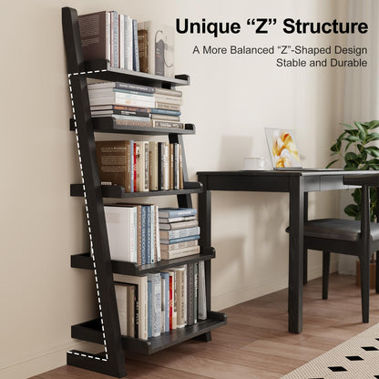 AQIMUELE Black Wooden Ladder Shelf with Edges, 5-Tier Modern Leaning Bookshelf Ladder – Stylish Space-Saving Bookcase for Living Room, Bedroom & Home Office