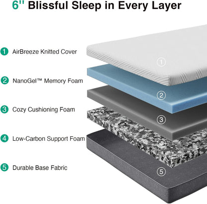Novilla Twin XL Mattress - 6-Inch Gel Memory Foam for Cool Sleep & Pressure Relief | Medium Firm XL Size
