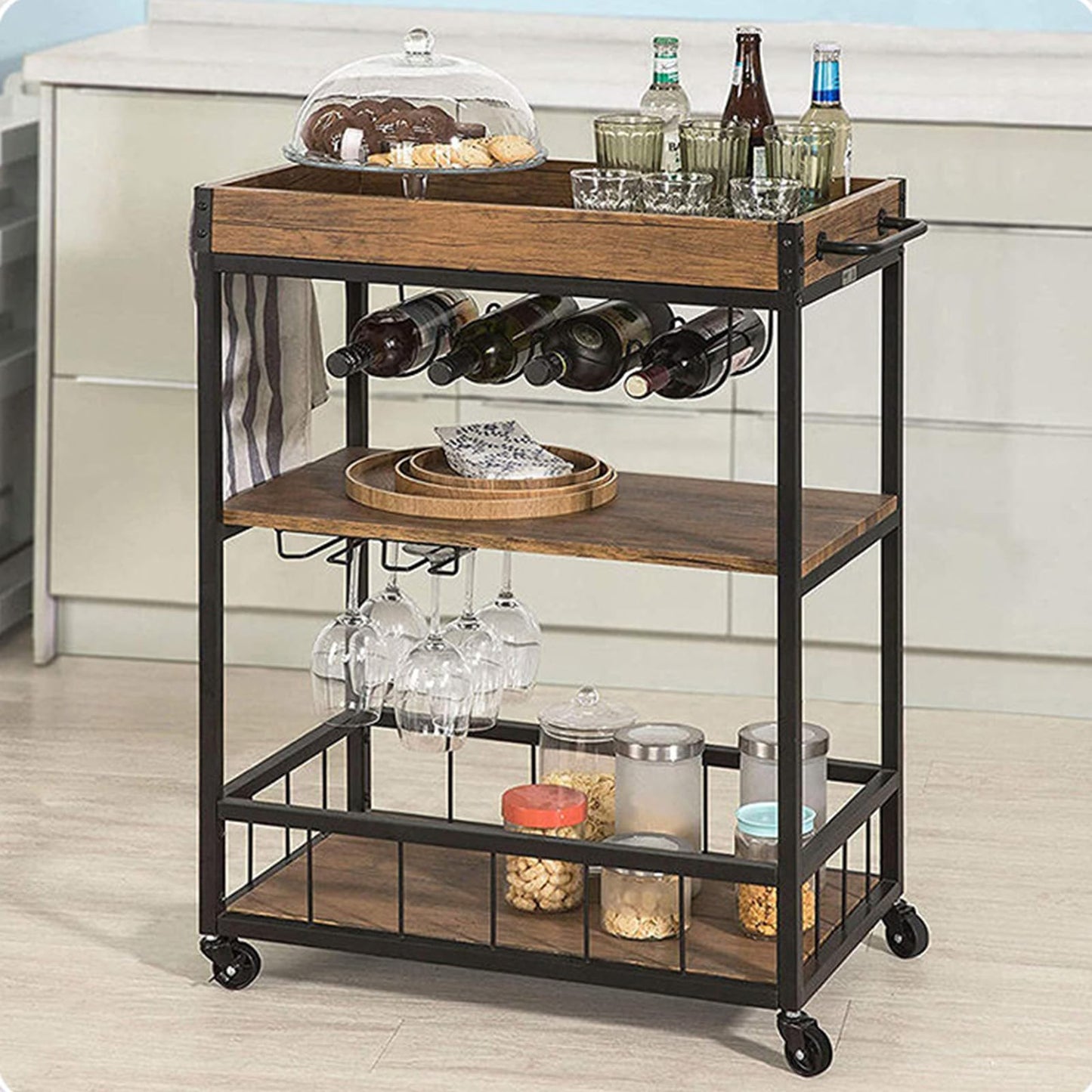 Storage Rack Serving Cart 3-Tiers Serving Trolley with Lockable Wheels & Removable Serving Tray, Rolling Bar Cart with Wine Rack & Glass Holder, for Home, Dining Room,26''Dx16''Wx35''H,Brown