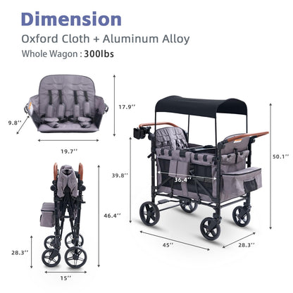 Stroller Wagon for 4 Kids, 4 Seater Wagon Stroller with Snack Tray, Large Storage Bag, Phone Cup Holder, Removable Canopy, Foldable Wagon Stroller 4 Seater with Adjustable Push Handles (Grey)