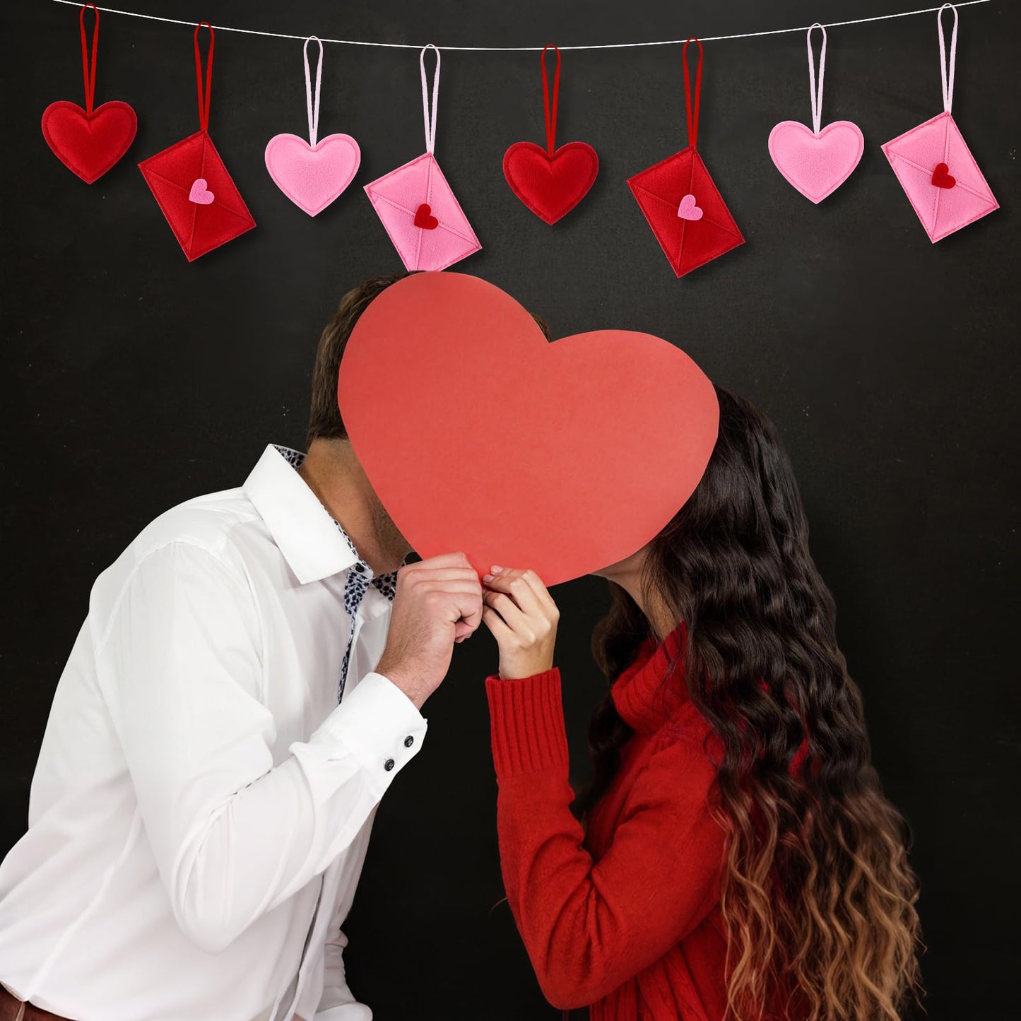 HunnmingRe 24 Pcs Valentine's Day Felt Heart and Envelope Ornaments, Red and Pink Hanging Heart Shaped Baubles for Valentines Day Tree Decor, Wedding, Anniversary, Party Decor, DIY Crafts