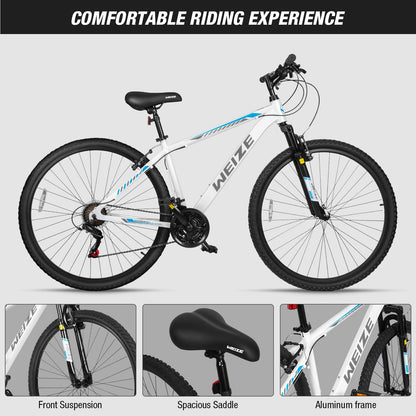 WEIZE Hardtail Mountain Bike, 29 Inch Wheels Outdoor Cycling Bike, 21-Speed Trigger Shifter, Aluminum Frame for Women and Men, Comfort Saddle, MTB Bicycle with Suspension Fork, White