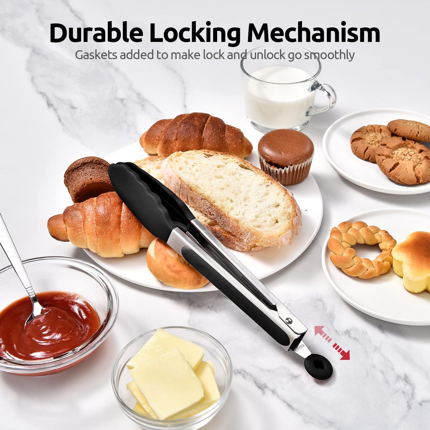 600ºF Heat Resistant Kitchen Tongs: U-Taste 9 inch Silicone Cooking Tong with Firm Sealed Non Stick Rubber Tips & Silicon Coated 18/8 Stainless Steel Handle & Smooth Locking for Serving Salad (Black)