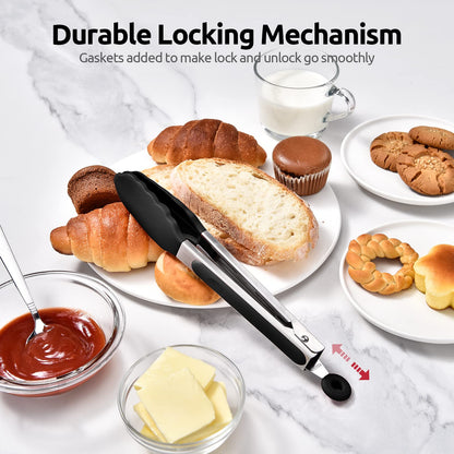 600ºF Heat Resistant Kitchen Tongs: U-Taste 9 inch Silicone Cooking Tong with Firm Sealed Non Stick Rubber Tips & Silicon Coated 18/8 Stainless Steel Handle & Smooth Locking for Serving Salad (Black)