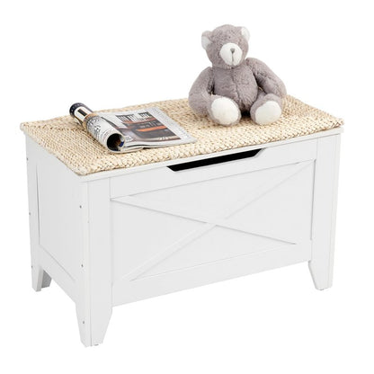 VECELO 30" Storage Bench, Entryway Shoe Ottoman, Farmhouse Style Bench with Handwoven Cushion and Metal Safety Hinges, for Bedroom, Living Room, Entryway, White