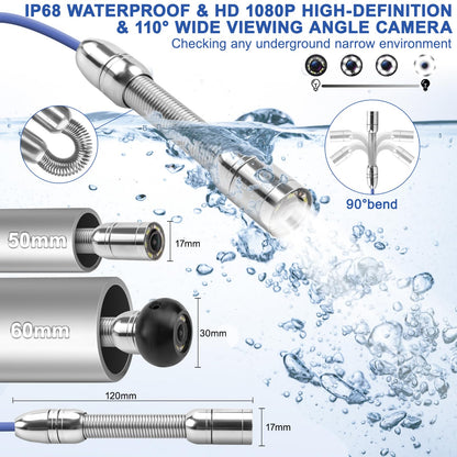 Sewer Camera w/DVR Function, 4.3" HD 1080P Screen Pipeline Inspection Camera, IP68 Waterproof Pipe Plumbing Snake Cam with 32GB Card, for Sewer Line, Home, Duct Drain Pipe Plumbing (30M/100FT)