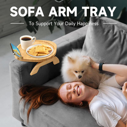360 Couch Arm Tray Table, Bamboo Clip-on Couch Arm Tray with Phone Holder, Foldable Sofa Armrest Table for Eating