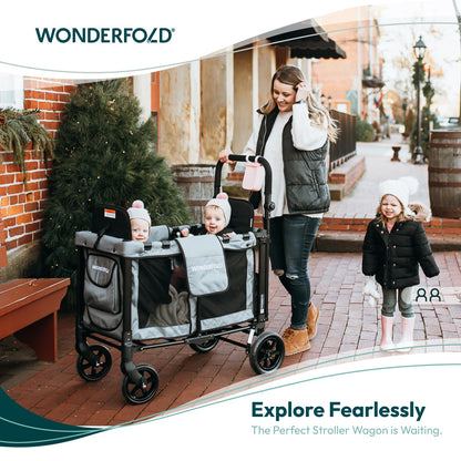 WonderFold W2 Stroller Wagon - Foldable Wagon with Steel Frame - Canopy & Adjustable Push Handle - All-Terrain Wheels - for Babies, Toddlers & Kids - 2 Seater - Black