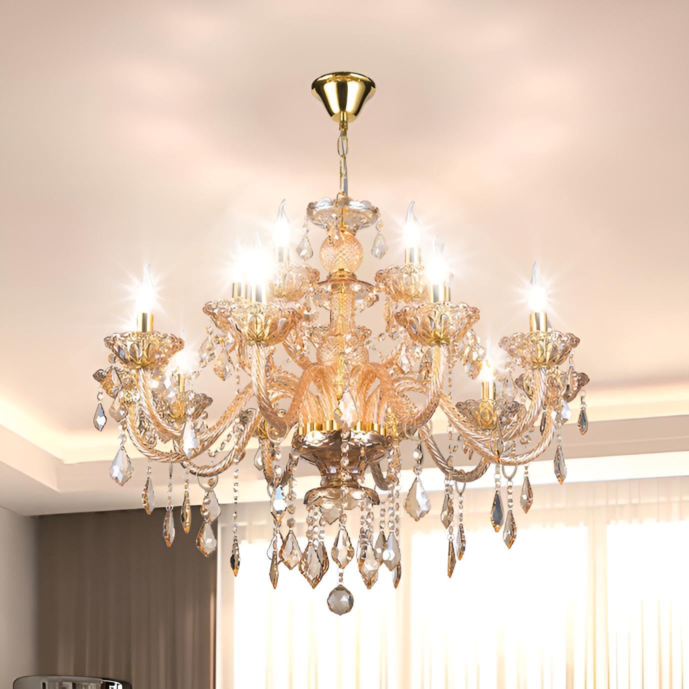 Vimatto Luxury K9 Crystal Amber Color Modern Classic 15 Lights Ceiling Chandelier with Adjustable Height E12 Candelabra Base Fixture for Dining Room Kitchen Living Room
