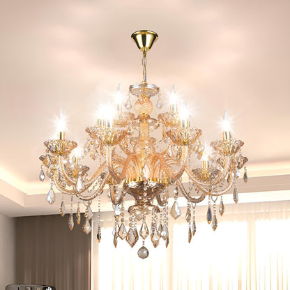 Vimatto Luxury K9 Crystal Amber Color Modern Classic 15 Lights Ceiling Chandelier with Adjustable Height E12 Candelabra Base Fixture for Dining Room Kitchen Living Room