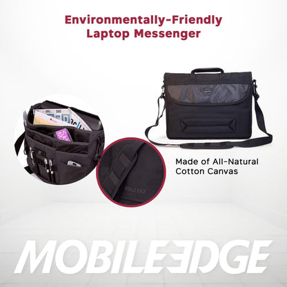 Mobile Edge ECO Laptop Messenger Bag for Men and Women, Fits Up To 17.3 Inch Laptops, Travel Work Computer Bag, Cotton Canvas, Padded Pockets, Black