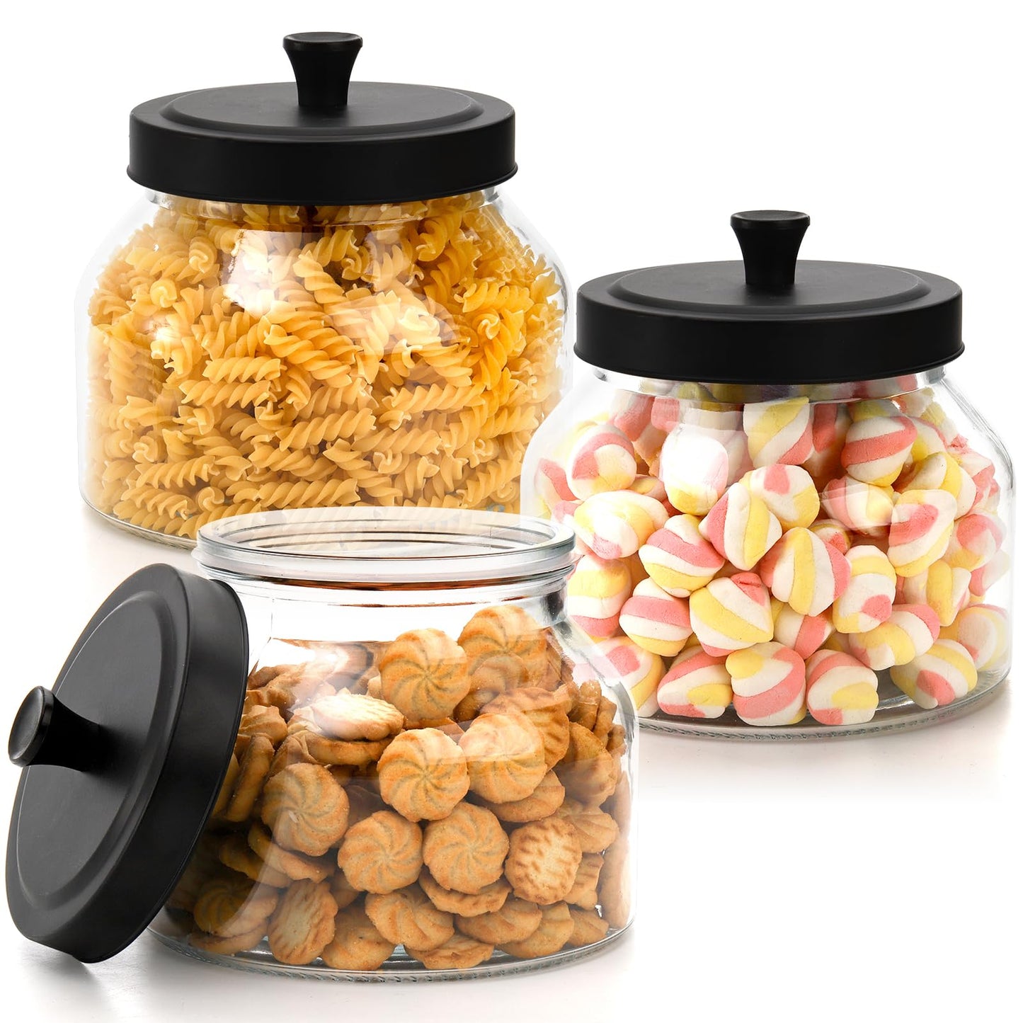 AVLA 3 Pack Glass Jars with Metal Lid, 58 OZ Clear Round Cookie Candy Jar, Food Storage Container with Black Lid, Empty Canister Set for Kitchen Counter, Pasta, Dog Treat, Snack