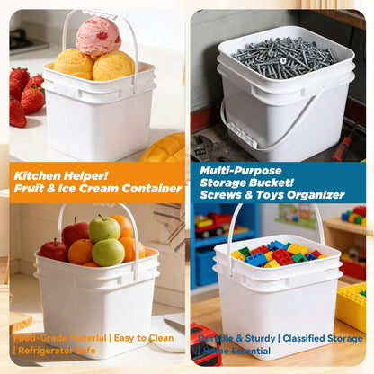 UMETASS Bucket with Lid - 4 Packs Square White Plastic Storage Containers, Food Safe with Handle, Airtight Pressure Lids for Kitchen & Home (White, 1 gal)