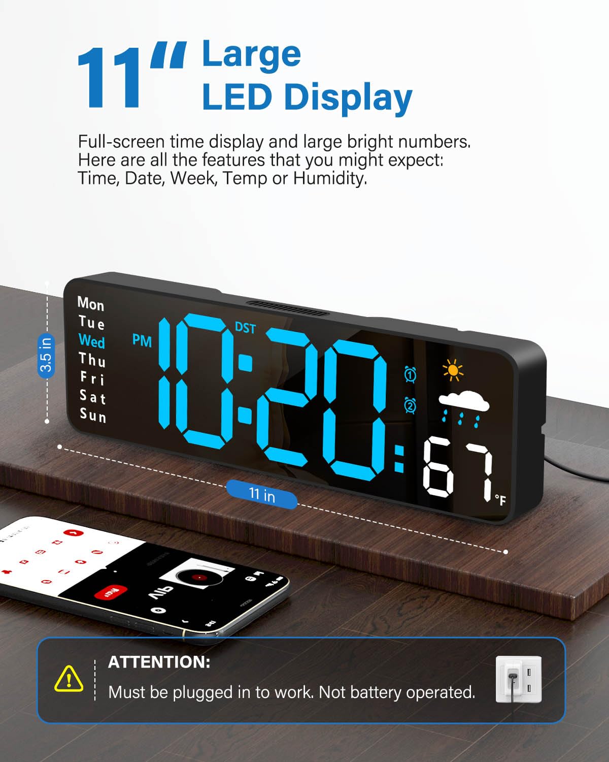 Digital Wall Clock, Digital Clock Large Display with Remote Control, Corded LED Alarm Clocks with Date, Week, Temp, Humidity, Auto DST, Countdown, for Living Room Bedroom Classroom Office (Blue)