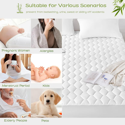 18" GRT Twin XL Mattress Protector Waterproof, Rayon from Bamboo, Cooling Quilted Fitted Mattress Pad, Noiseless