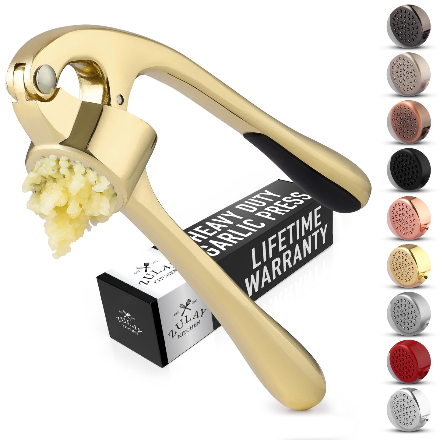 Zulay Kitchen Premium Garlic Press with Soft, Easy to Squeeze Handle - Includes Silicone Garlic Peeler & Cleaning Brush - 3 Piece Garlic Mincer Tool - Sturdy Easy to Clean Garlic Crusher (Gold)
